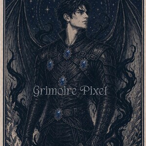 May include: An illustration of a figure in dark attire with large wings, adorned with blue gemstones. The artwork features the text "Grimoire Pixel" and is set against a starry night sky, with a sword in hand.