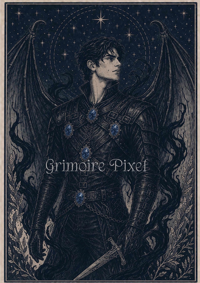 May include: An illustration of a figure in dark attire with large wings, adorned with blue gemstones. The artwork features the text "Grimoire Pixel" and is set against a starry night sky, with a sword in hand.