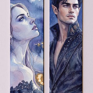 May include: Two watercolor bookmarks featuring fantasy characters. One depicts a woman looking upwards with blonde hair, the other a man with dark hair and pointed ears. Both have a blue and purple color scheme.