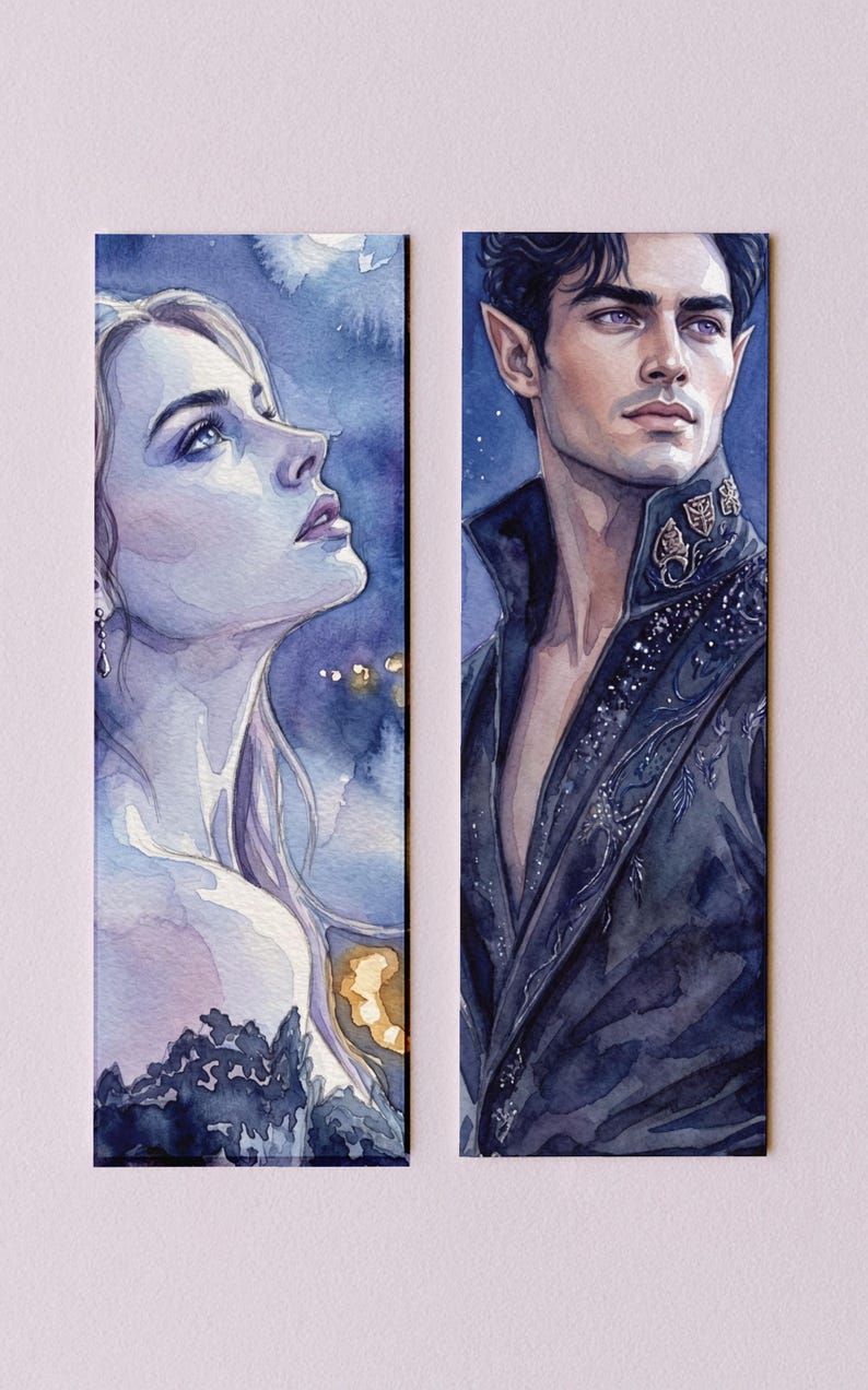 May include: Two watercolor bookmarks featuring fantasy characters. One depicts a woman looking upwards with blonde hair, the other a man with dark hair and pointed ears. Both have a blue and purple color scheme.