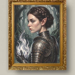 May include: A framed portrait of an elf with braided hair wearing ornate metal armour, holding a glowing white flame in one hand. The background depicts a dark, dense forest. The artwork is enclosed in a decorative, textured gold frame.