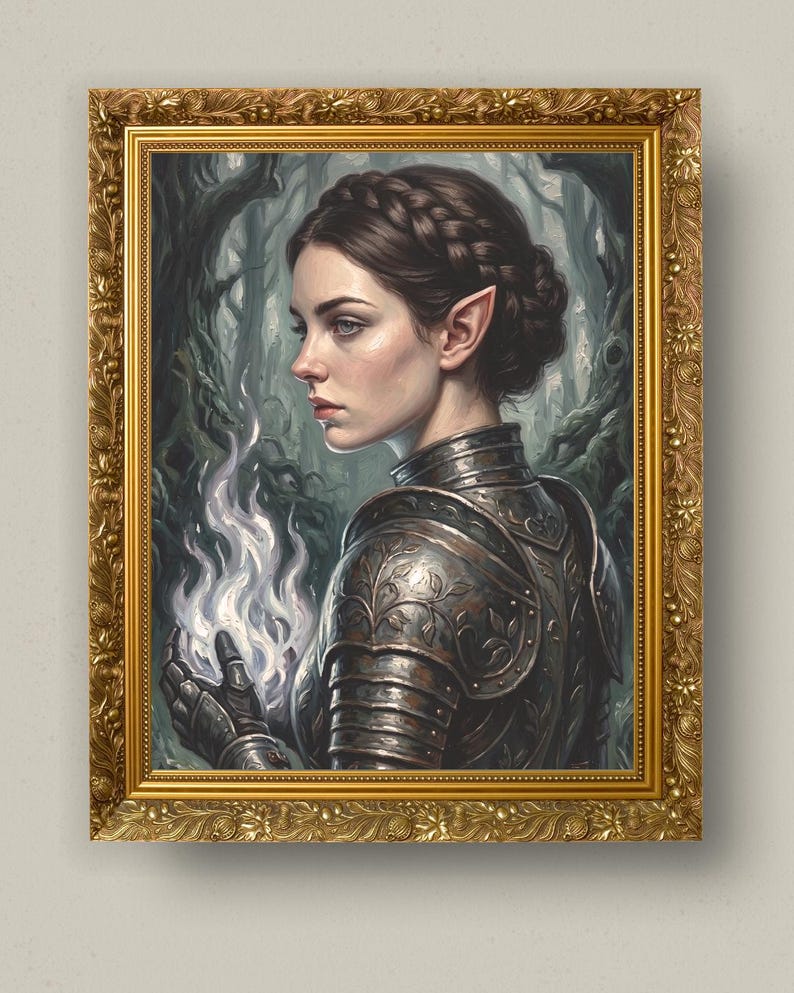 May include: A framed portrait of an elf with braided hair wearing ornate metal armour, holding a glowing white flame in one hand. The background depicts a dark, dense forest. The artwork is enclosed in a decorative, textured gold frame.
