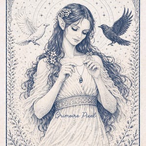 May include: A detailed pen and ink illustration featuring a woman with long hair, floral accents, and pointed ears, holding a pendant necklace. Two birds, one white and one black, flank her. The image is framed with a decorative border and includes the text "Grimoire Pixel".