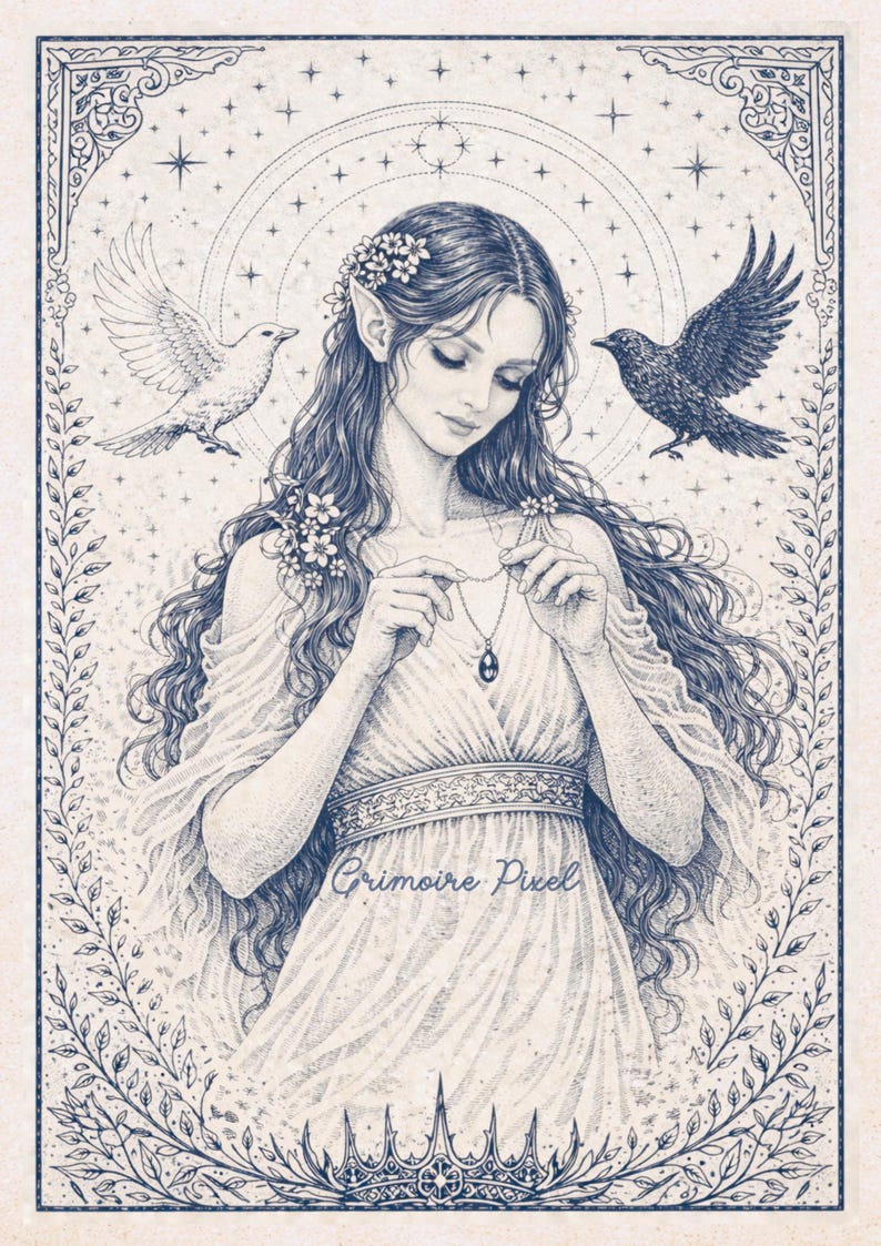 May include: A detailed pen and ink illustration featuring a woman with long hair, floral accents, and pointed ears, holding a pendant necklace. Two birds, one white and one black, flank her. The image is framed with a decorative border and includes the text "Grimoire Pixel".