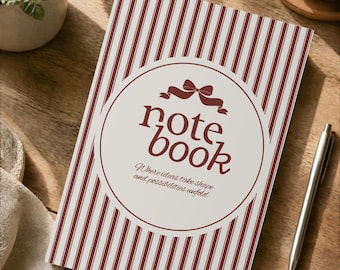 May include: A rectangular notebook with a white and dark red vertical striped cover. A central white circle features a dark red bow icon, the text "notebook", and the phrase "Where ideas take shape and possibilities unfold" in dark red.