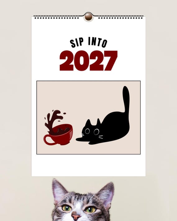 DE Cat Calendar 2027 Wall | Coffee Calendar | Fun Home & Office Calendar | Cozy Home Decor | Gift for cat lovers | Gift for coffee lovers