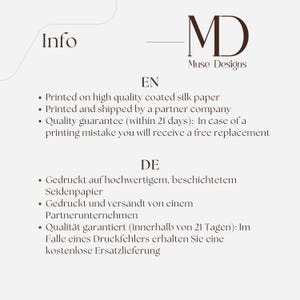 May include: A white informational graphic with dark brown text featuring the Muse Designs logo at the top. The text includes sections labeled EN and DE, detailing printing on coated silk paper, partner shipping, and a 21-day quality guarantee.