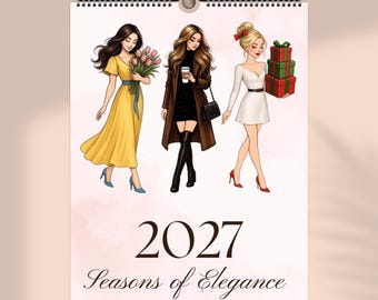 May include: A 2027 wall calendar titled Seasons of Elegance featuring an illustration of three figures. One wears a yellow dress with tulips, one a brown coat with a black dress and boots, and one a white dress holding stacked red and green gifts.