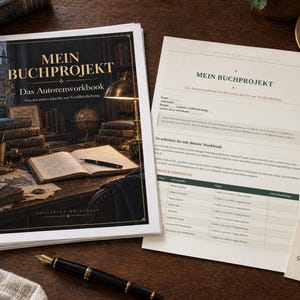 Può includere: Un quaderno di esercizi stampato intitolato Mein Buchprojekt Das Autorenworkbook con una copertina che mostra una scrivania, libri e una lampada, insieme a una pagina interna con tabelle di monitoraggio e un cartoncino quadrato.