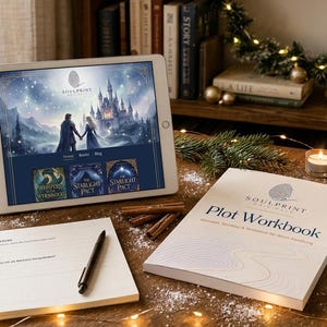 May include: A tablet displaying a website with a fantasy castle illustration, a white Plot Workbook with the Soulprint logo, a notepad with a black pen, and a mug of hot cocoa on a wooden desk decorated with pine branches and fairy lights.