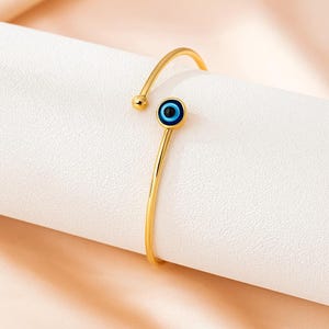 Gold Evil Eye Bangle Bracelet | Minimalist Jewelry, Adjustable Gift for Her, Everyday Protection Bracelet