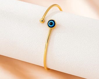 Gold Evil Eye Bangle Bracelet | Minimalist Jewelry, Adjustable Gift for Her, Everyday Protection Bracelet