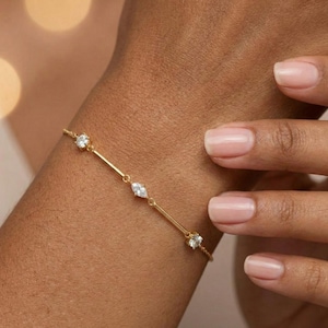 CZ Diamond Station Bracelet 18K Gold Plated, Dainty Bezel Crystal Bracelet for Women, Adjustable Layering Bracelet, Gift for Her Bridal
