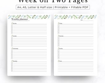 Watercolor Leaves Weekly Planner Printable – Minimalist Schedule (A4/A5/Letter Sizes) (Digital Download)
