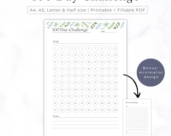 100 Day Challenge Tracker | Printable Goal Progress (PDF)