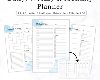 Agenda hebdomadaire mensuel aquarelle, PDF à remplir (A4/A5/Lettre/demi-format)