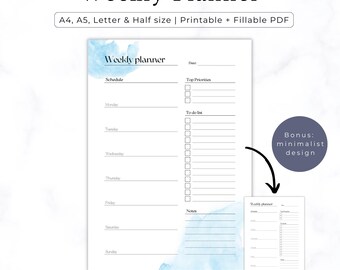 Minimalist Weekly Planner Printable, Undated Schedule, A4 A5 Letter Sizes (Digital Download)