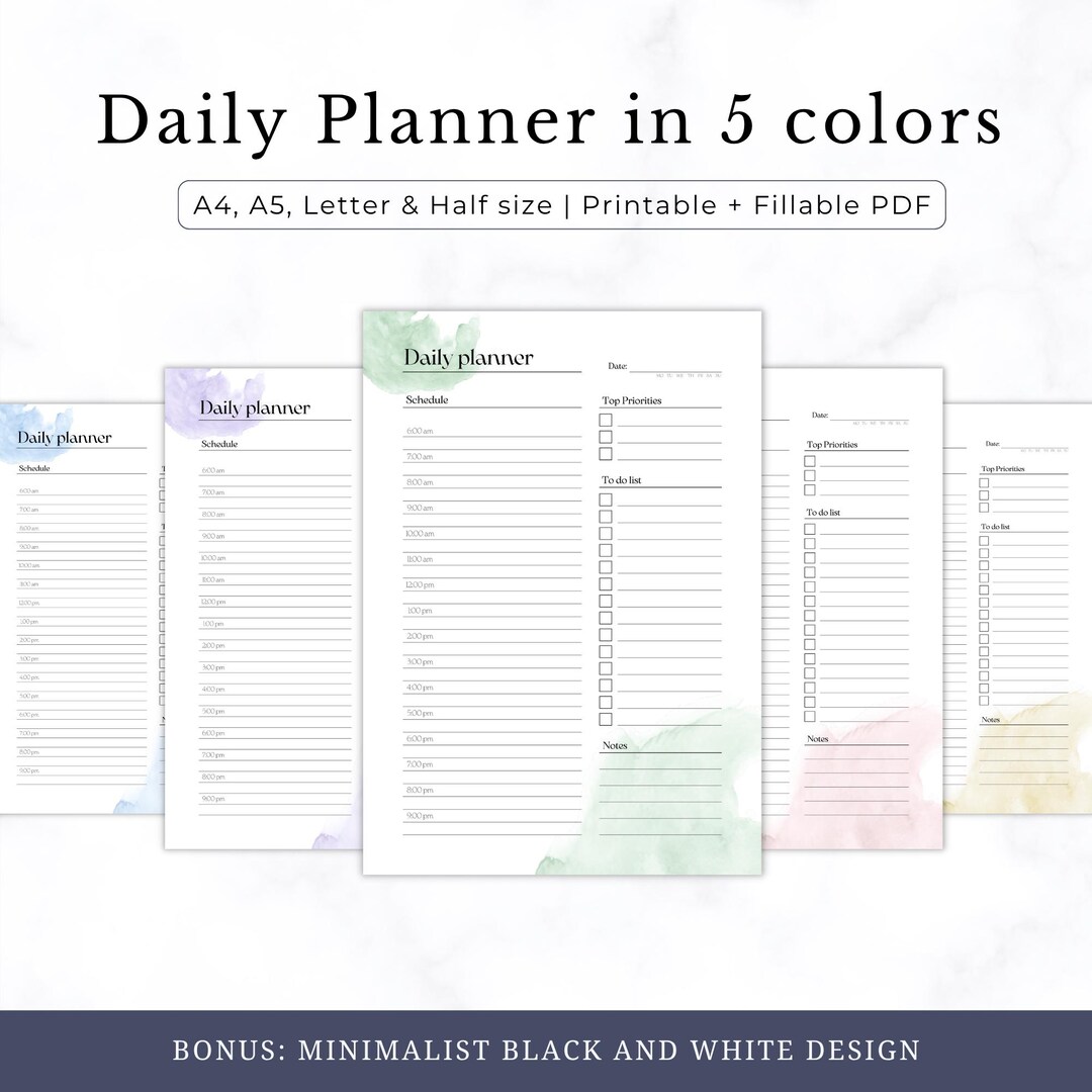 Watercolor Daily Planner Printable, Fillable PDF, A4 A5 Letter Sizes - Etsy