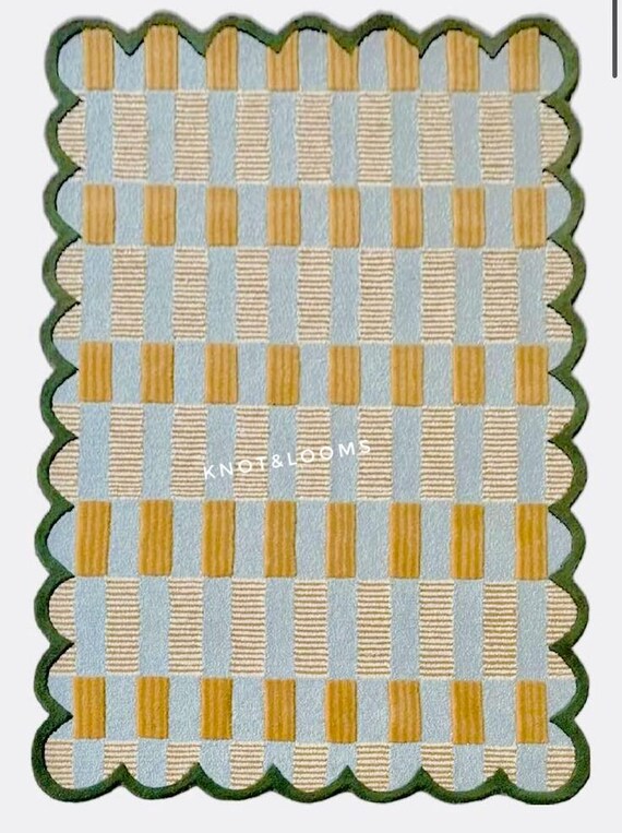 Scalloped Edge Hand Tufted Carpet, Blue Mustard Checkered Wool Area Carpet, Modern Geometric Scandinavian Living Room Decor