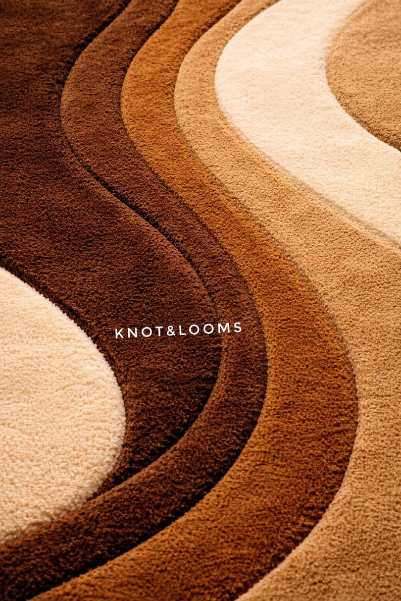 Hand Tufted Wool Rug Brown Abstract Wave Irregular Shape Modern Living Room Area Carpet image 6