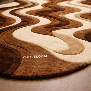 Hand Tufted Wool Rug Brown Abstract Wave Irregular Shape Modern Living Room Area Carpet image 5