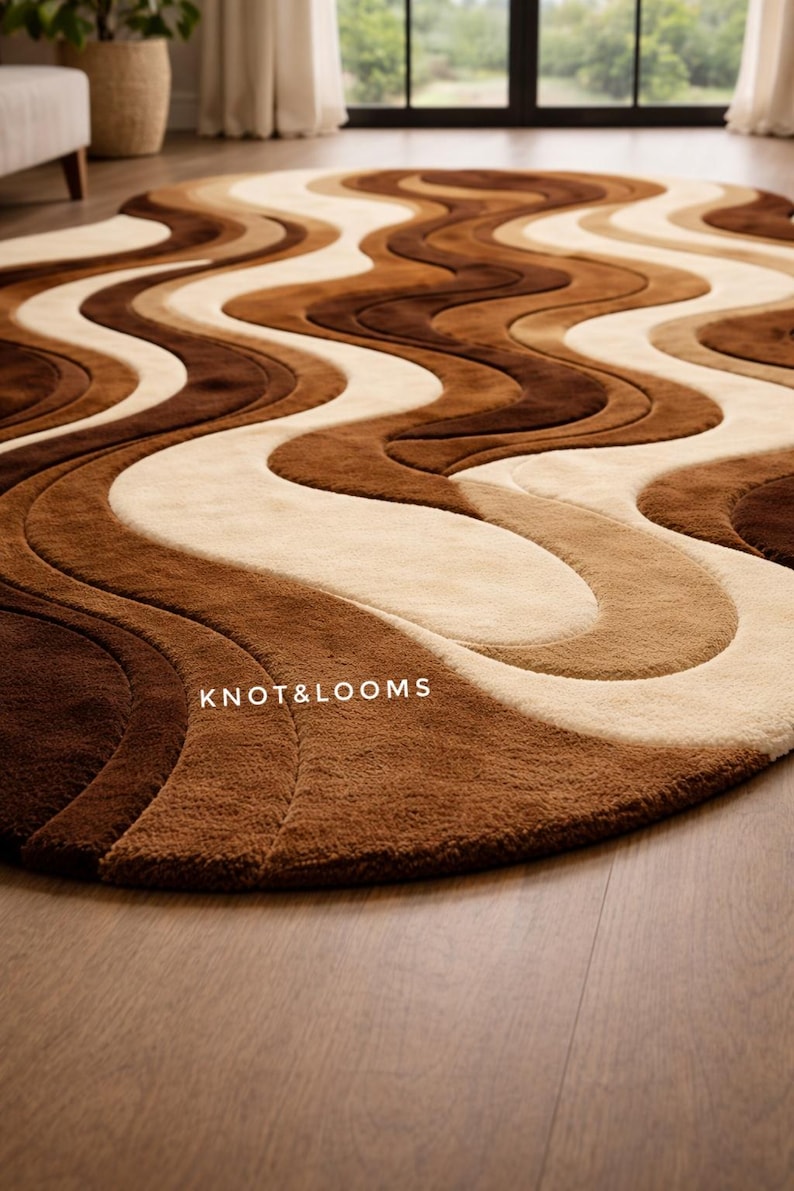 Hand Tufted Wool Rug Brown Abstract Wave Irregular Shape Modern Living Room Area Carpet image 5
