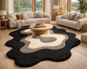 Modern Irregular Black Cream Abstract Hand Tufted Wool Area Rug