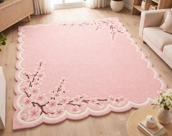Hand Tufted Pink Cherry Blossom Wool Rug – Scalloped Edge Soft Area Carpet
