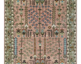 Hand-Knotted Pink Wool Rug | Green Botanical Oushak Carpet | Custom  size rug 9x12, 10x14, 12x15