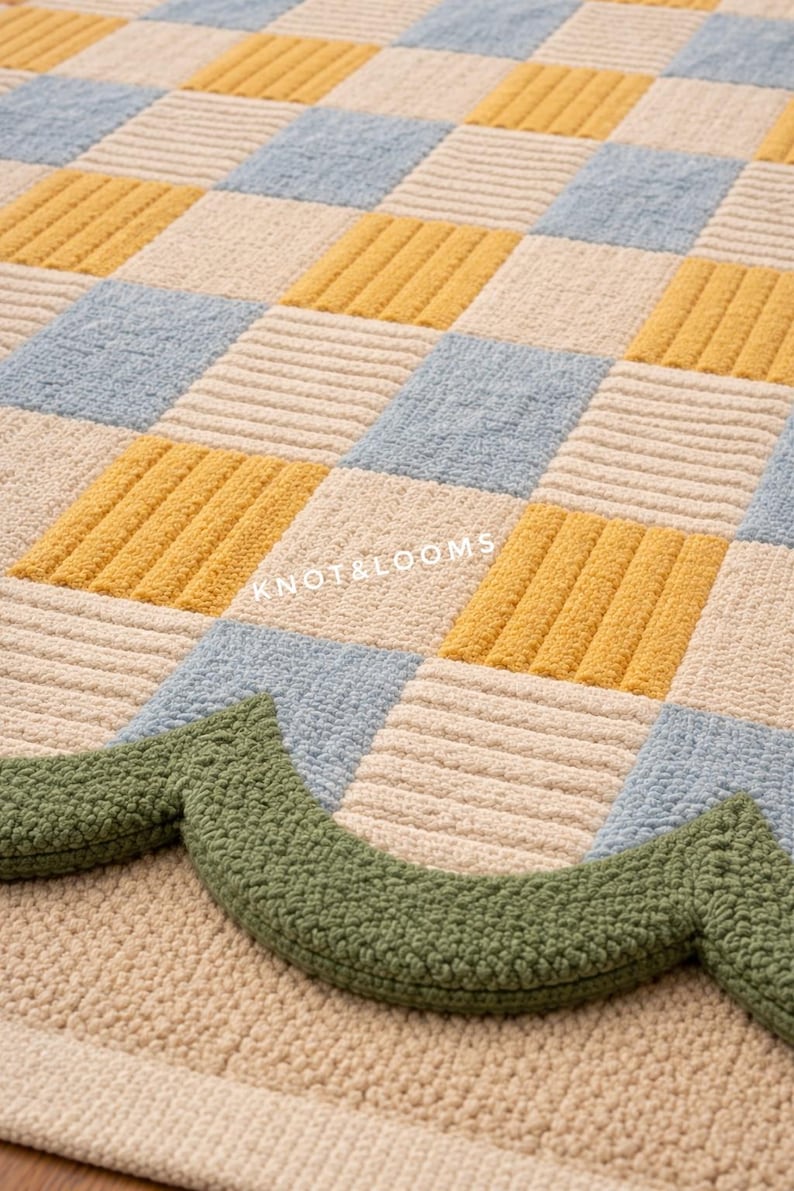 May include: Close-up of a tufted rug with a checkerboard pattern in yellow, light blue, and cream colours. A green, scalloped border accents the bottom edge. The text "KNOT&LOOMS" is visible.
