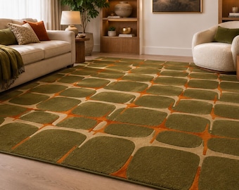 Hand Tufted Wool Rug, Mid Century Modern Geometric, Olive Green Orange Scandinavian Carpet