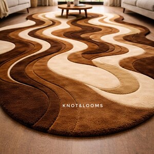 Hand Tufted Wool Rug Brown Abstract Wave Irregular Shape Modern Living Room Area Carpet image 8