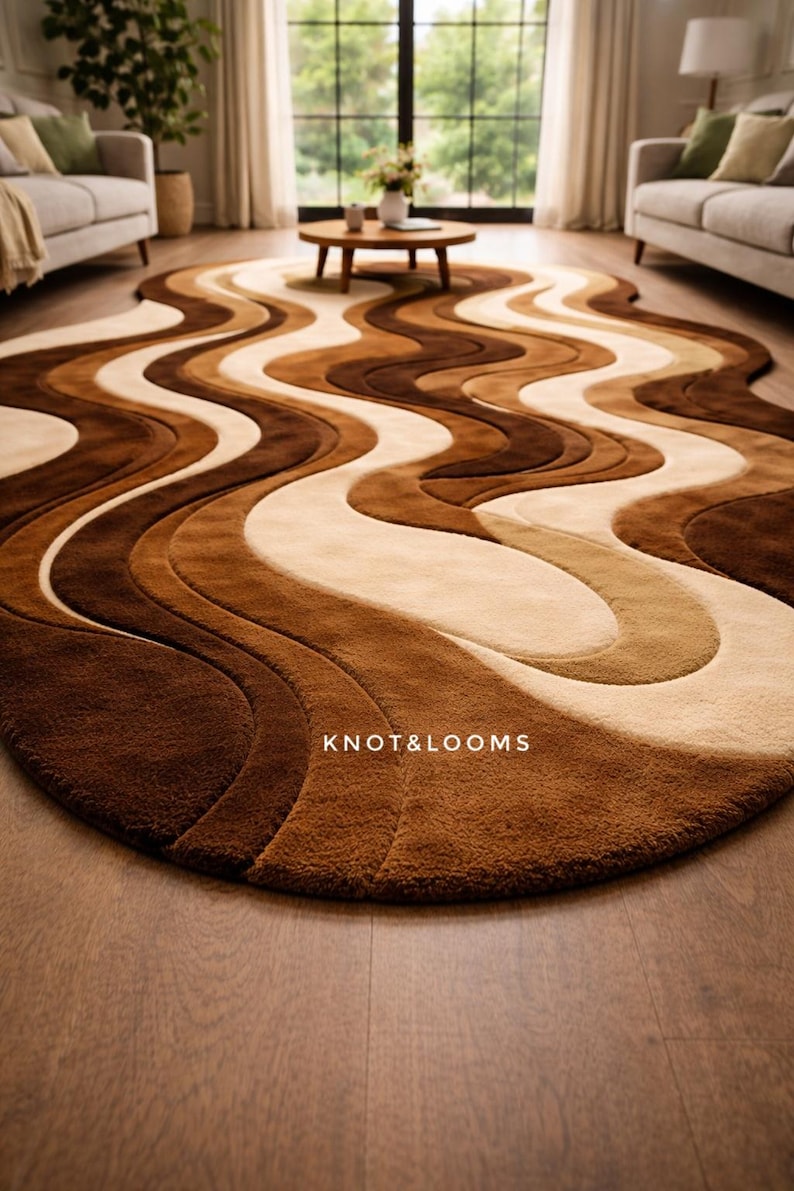 Hand Tufted Wool Rug Brown Abstract Wave Irregular Shape Modern Living Room Area Carpet image 8