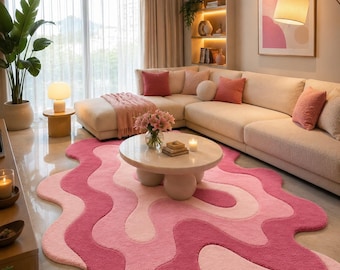Hand Tufted Pink Abstract Wave Wool Rug, Modern Organic Area Carpet