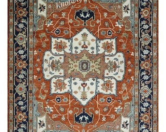 Hand Knotted Rust Navy Heriz Rug | Wool Oriental Medallion Carpet