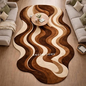 Hand Tufted Wool Rug Brown Abstract Wave Irregular Shape Modern Living Room Area Carpet image 2