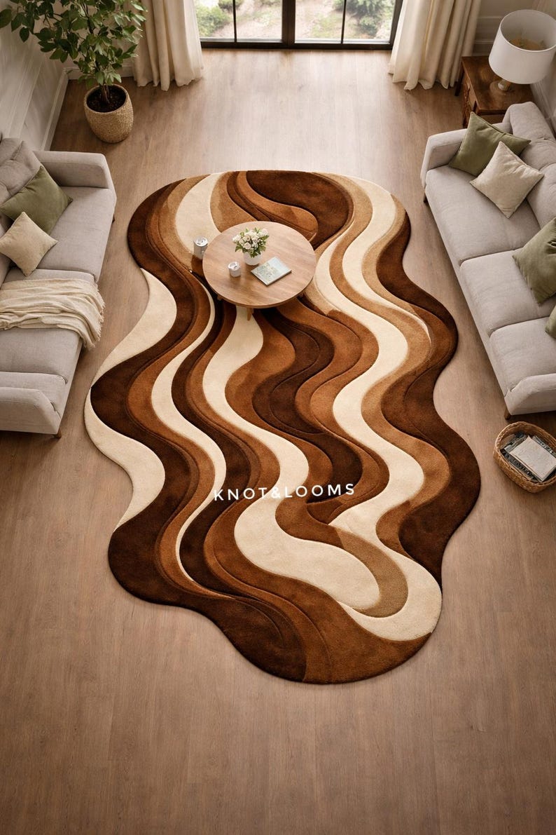 Hand Tufted Wool Rug Brown Abstract Wave Irregular Shape Modern Living Room Area Carpet image 2
