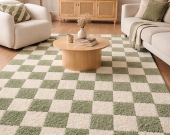Green Cream Checkerboard Hand Tufted Wool Rug | Modern Geometric Soft Carpet