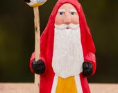 Hand Carved Santa With Chickadee--Robin Arnold,Wooden Christmas Art, Folk Art, Handmade in Ohio,  Christmas Art, Bird, Animal, Nature