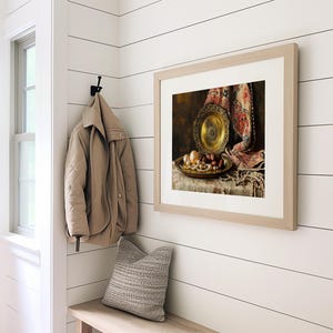 Pearls on brass tray poster for living room — luxurious vintage aesthetics with detailed rendering and warm hues for an elegant touch.