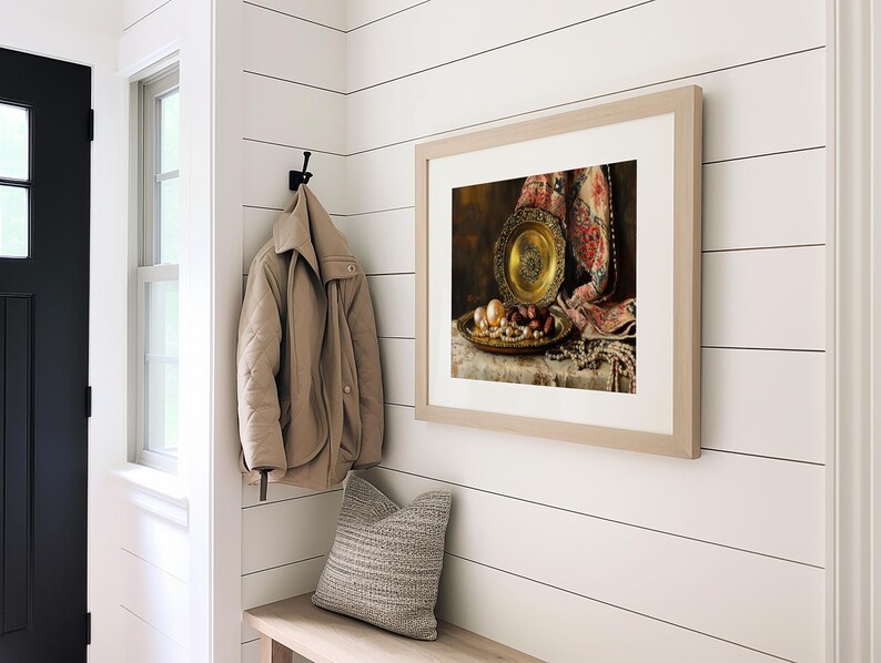 Pearls on brass tray poster for living room — luxurious vintage aesthetics with detailed rendering and warm hues for an elegant touch.