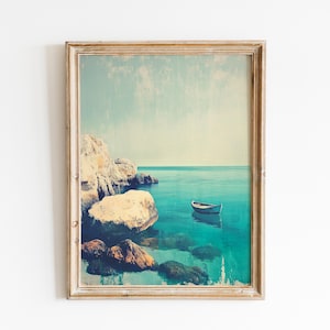 Serene Mediterranean Coastal Scene - Nautical Printable Wall Art, Vintage Fishing Skiff, Moody Limestone Rocks, Digital Art Download 231