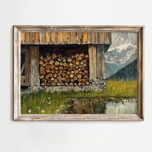 Rustic Mountain Barn with Firewood Stack - Vintage Winter Landscape Art, Cozy Cottagecore Scene, Earthy Printable Digital Download 172