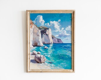 Paisaje marino mediterráneo imprimible: arte mural costero brillante, aguas turquesas y acantilados blancos, decoración náutica de verano, descarga instantánea 933