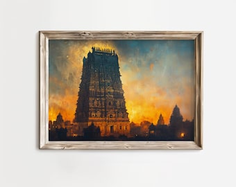 Vintage Meenakshi Temple Art Print - Printable Evocative South Indian Mood, Moody Heritage Temple Painting, Art Deco Digital Download 184