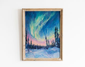 May include: Oil painting of a winter landscape with a vibrant sky. The artwork features a snowy path leading to a forest of evergreen trees under a colorful sky of blues, greens, and pinks. The painting is framed in a light-colored wooden frame.
