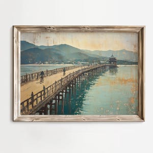 Rustik kustpromenadskonst - Vintage japansk pagod och dimmig bergsscen, texturerat lugnt landskap, utskrivbar digital nedladdning 256