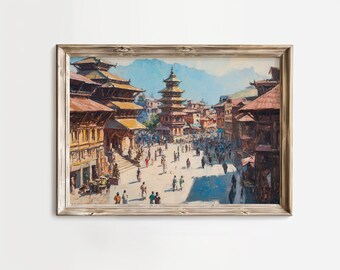Vintage Kathmandu City Square - Traditional Temple in Sunlit Nepal, Rustic Cultural Landscape, Warm Travel-Inspired Printable Art 162