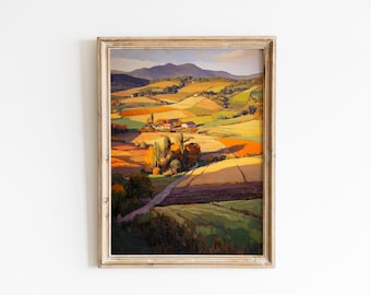 Art rustique paysage d'automne imprimable - ferme de campagne ensoleillée, décoration de ferme confortable, champs dorés, patchwork de terres agricoles impression numérique 1286