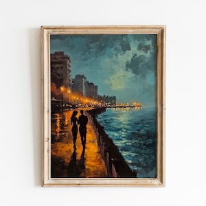 Romantic Night Stroll - Printable Moody Havana Malecón Art, Coastal Vintage Scene, Silhouetted Couple Wall Decor, Digital Download 34